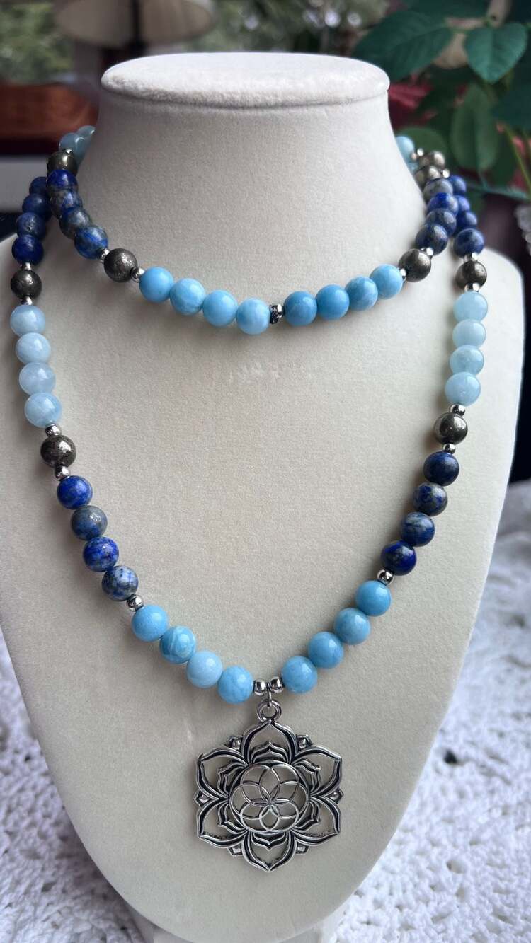 Handmade Crystal Beaded Boho Necklace w/ Lotus Flower Pendant